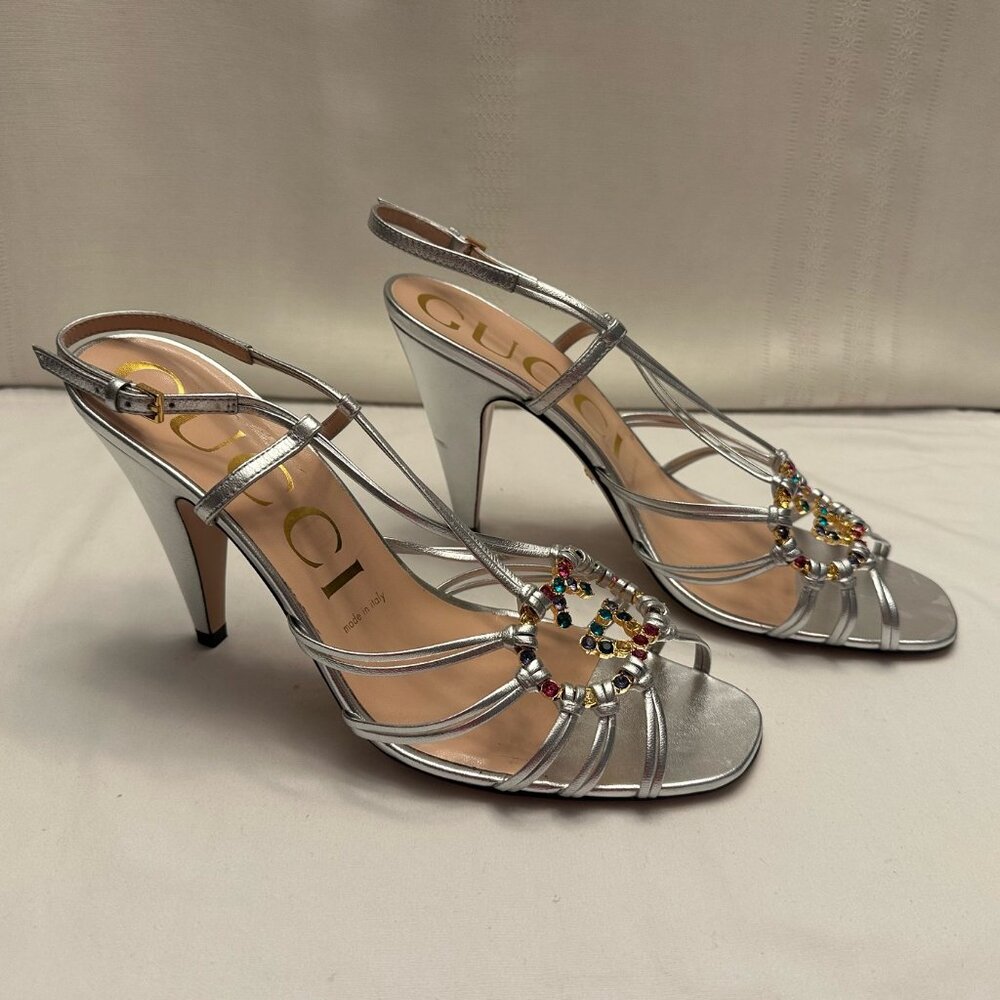 Gucci Multi-colored Jeweled Silver Sandals - Size 38-1/2 (38+)